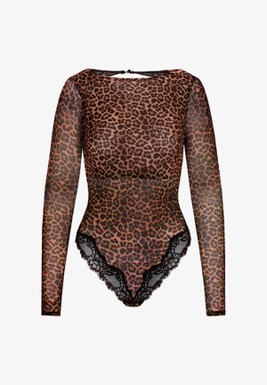 Transparante body met lange mouwen en luipaardprint, hoge halslijn en zwarte kanten afwerking bij de beenopeningen.