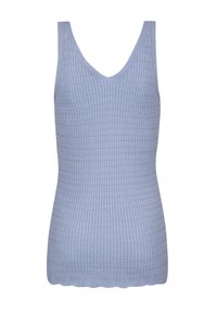 Top a canotta azzurro chiaro lavorato a maglia con scollatura a V, texture a coste e orlo ondulato. Realizzato in un materiale morbido ed elastico per garantire comfort.