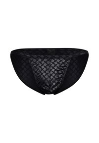 Czarne bokserki z fakturowanym geometrycznym wzorem, wykonane z gładkiej tkaniny. Model ma niską talię i elastyczny pas.