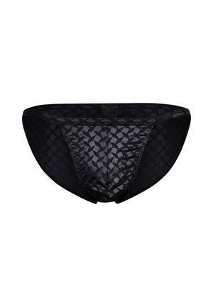 Braga negra con un patrón geométrico texturizado, confeccionada en una tela suave. El diseño incluye una forma de tiro bajo y cintura elástica.