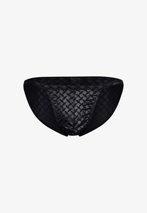 Braga negra con un patrón geométrico texturizado, confeccionada en una tela suave. El diseño incluye una forma de tiro bajo y cintura elástica.