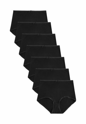 Culottes noires en coton taille haute, présentant un design simple, une texture lisse et un petit nœud en accent à la taille. Ensemble de sept.