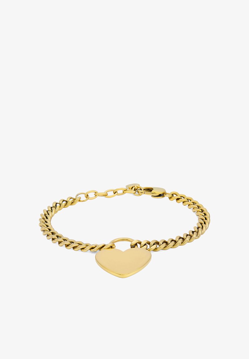 Bracelet ton or avec un design à maillons épais. Il comporte un pendentif en forme de cœur et un fermoir sécurisé, mettant en valeur une finition polie.