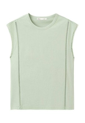 Haut sans manches vert clair avec col rond et détails de couture mesh verticale près des côtés.