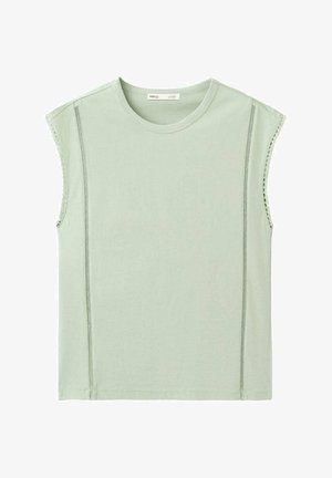 Haut sans manches vert clair avec col rond et détails de couture mesh verticale près des côtés.