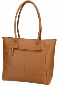 Borsa tote in pelle tan con due manici lunghi, superficie testurizzata, tasca frontale con zip e dettaglio di branding impresso.