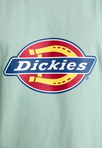 Mėtų žalios spalvos marškinėliai su dideliu, daugiaspalviu "Dickies" logotipu centre, su raudonais ir mėlynais akcentais bei geltonais detalėmis.