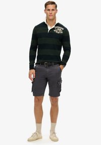 Donkergroene en marineblauwe gestreepte poloshirt met lange mouwen, een witte kraag en logo, gecombineerd met grijze cargoshorts en lichte sneakers.