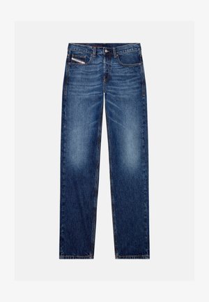 Sinised teksapüksid sirge säärte disainiga, viie tasku stiiliga, nähtava õmblusega ja kergelt kulunud efektiga reite piirkonnas.