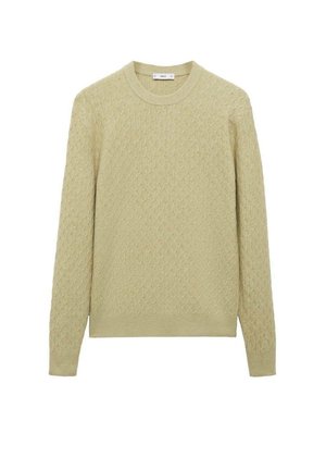 Pletena dukserica svijetlo žute boje s teksturiranim uzorkom, okruglim izrezom i dugim rukavima, izrađena od mekanog materijala.