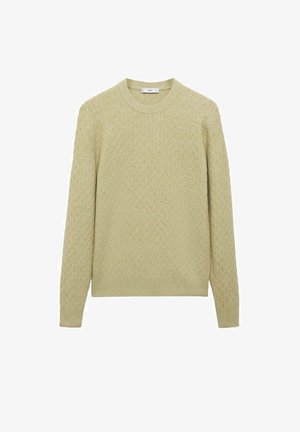 Strickpullover in Hellgelb mit strukturiertem Muster, Rundhalsausschnitt und langen Ärmeln, aus weichem Material gefertigt.