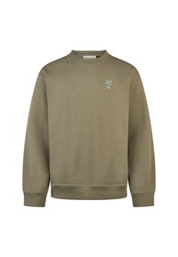 Olivegrüner Sweatshirt aus weichem Baumwollmix. Mit Rundhalsausschnitt, Rippbündchen und einem kleinen blauen bestickten Design auf der Brust.