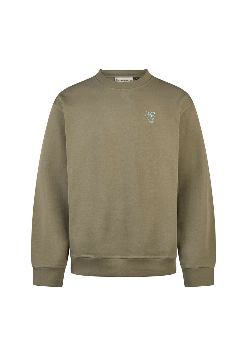 Olivegrüner Sweatshirt aus weichem Baumwollmix. Mit Rundhalsausschnitt, Rippbündchen und einem kleinen blauen bestickten Design auf der Brust.