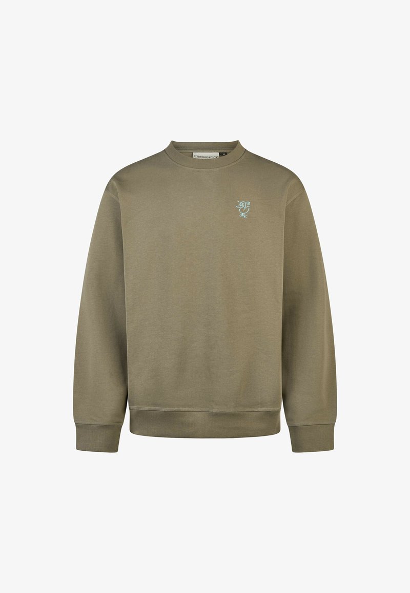 Olivegrüner Sweatshirt aus weichem Baumwollmix. Mit Rundhalsausschnitt, Rippbündchen und einem kleinen blauen bestickten Design auf der Brust.