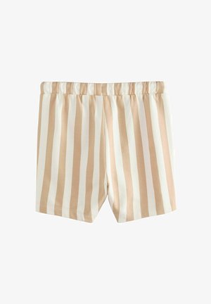 Svītraini šorthi ar pārmaiņus baltām un bēšām vertikālām svītrām, izgatavoti no mīksta auduma ar elastīgu jostu ērtībai.