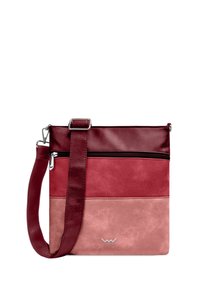 Kožená crossbody taška s dvoubarevným designem v burgundské a prachově růžové, se zipem na vrchní části a odnímatelným popruhem.