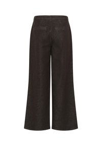Pantalon noir à jambes larges, taille haute, poches arrière passepoilées et passants de ceinture, vu de dos sur fond blanc uni.