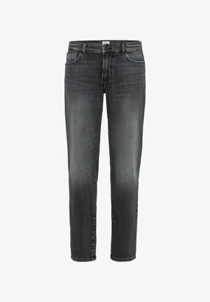 Schwarz ausgewaschene Slim-Fit-Jeans mit Vordertaschen und Knopfverschluss, abgebildet auf weißem einfarbigem Hintergrund.