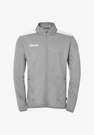 Gray fleece jacket with a zip closure, high collar, white shoulder accents, two side pockets, and "Kempa" logo on the left chest.