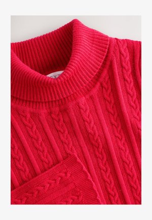 Punane kaabermütsiga kampsun, millel on soonikkoes detailid ja tekstuuriga muster, pehme ja paksem kangas ning tihedalt sobiv krae.