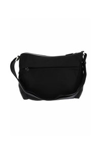 Borsa a tracolla sintetica nera con chiusura a zip, tracolla regolabile e tasca frontale. Texture liscia, design minimalista, interno spazioso.
