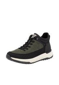 Černé a olivově zelené vysoké tenisky s texturovaným svrškem, šněrováním, polstrovaným límcem a bílou gumovou podrážkou s protiskluzovými vlastnostmi.