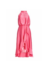 Robe en satin rose avec un col halter, un ourlet à volants et un design asymétrique. Texture lisse avec une taille élastique pour un ajustement parfait.