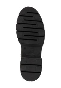 Semelle de botte en caoutchouc noir avec surface texturée, présentant des motifs de traction profonds et un logo de marque visible. Taille indiquée comme 37.