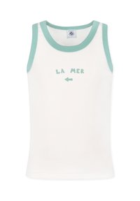 Top bianco senza maniche con rifiniture verde menta. Presenta la scritta "LA MER" in verde menta con una freccia a sinistra. Tessuto liscio.