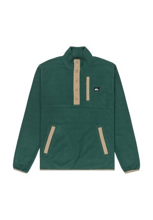 Groene fleece pullover met beige accenten, met een hoge kraag, knopenlijst, zijzakken en een ritszak op de borst.
