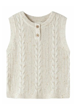 Gilet sans manches en tricot couleur crème avec motif torsadé et deux boutons en bois sur l'encolure ronde.