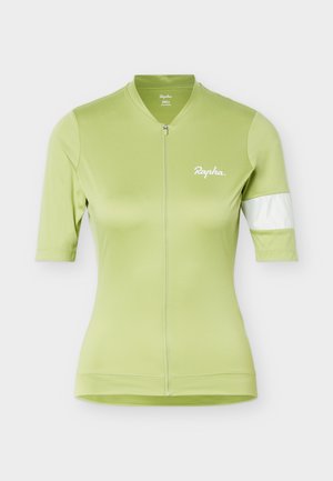 Light green short-sleeve cycling jersey with front zipper and white band on left sleeve, featuring "Rapha" logo on chest.