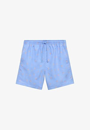 Helleblaue Badehose aus schnelltrocknendem Material, mit elastischem Bund, Kordelzug und kleinen orangen Punkten.