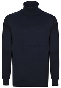 Pull à col roulé bleu marine en tissu tricoté. Présente un col haut et de longues manches avec des poignets et un ourlet côtelés.