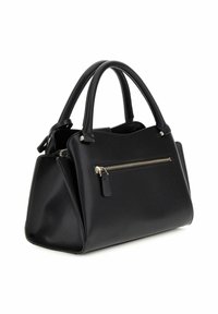 Sac à main en cuir noir avec deux poignées, texture lisse, poche avant zippée et accents en métal doré. Forme angulaire avec des côtés structurés.