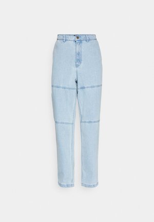Light blue denim jeans with a high waist, straight legs, and horizontal seam accents across the knees. Front button closure and pockets.