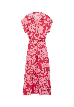 Rode midi-jurk met korte mouwen en grote roze bloemenprint, doorgeknoopte voorkant, kraag en bijpassende stoffen riem in de taille.