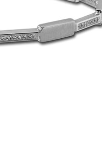 Silver bracelet featuring a brushed metal surface with a row of small embedded clear stones along the side, geometric links, and seamless edges.