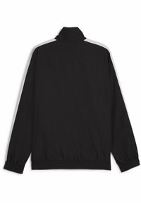 Sort jakke med høj krave, hvide side-striber, elastiske manchetter og kant. Fremstillet af letvægtsmateriale med en glat tekstur.