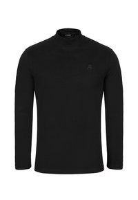 Schwarzer Langarm-Mockneck aus weichem Stoff. Hat ein tailliertes Design und ein dezentes Logo in der oberen linken Ecke.