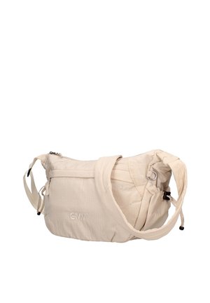Beige crossbodytas met verstelbare band, ritssluiting en subtiel logo aan de voorkant, gemaakt van lichtgewicht stof.