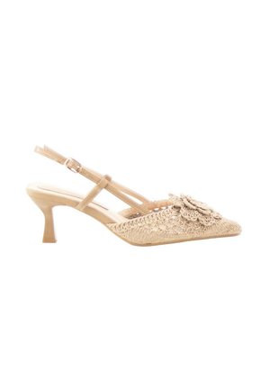 Tacón slingback beige con punta afilada, decoración floral de ganchillo, correa ajustable en el tobillo y tacón medio tipo kitten.