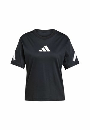 Black short-sleeve t-shirt made of soft fabric featuring a white Adidas logo on the front and white accents on the sleeves.