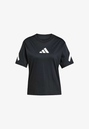 T-shirt nera a maniche corte realizzata in tessuto morbido, con un logo bianco Adidas sul davanti e dettagli bianchi sulle maniche.