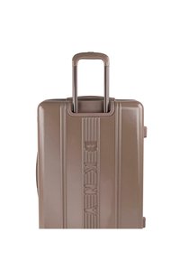 Maleta rígida con un acabado mate en color topo. Presenta estrías horizontales, un asa retráctil y un asa de transporte lateral.