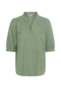 Blusa in lino verde con scollatura a V, collo arricciato e maniche corte a sbuffo con polsini elastici. Tessuto liscio con un delicato motivo melangiato.