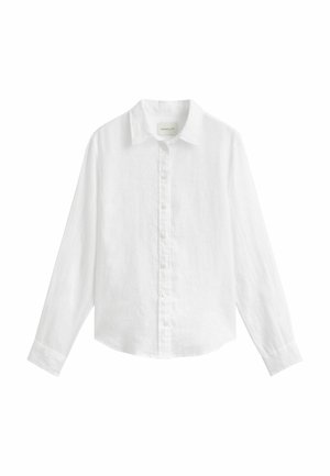 Weißes langärmliges Hemd mit Knopfleiste und Kragen, aus leichtem Stoff, flach auf einem weißen Hintergrund dargestellt.