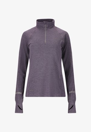 Paarse atletische top met lange mouwen, een kwart-rits kraag, raglanmouwen en duimgaten. Gemaakt van lichte, gestructureerde stof met reflecterende accenten.