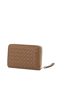 Brown woven leather wallet with a zip closure, a side strap, and textured surface pattern. Gold hardware accents visible on the zipper.
