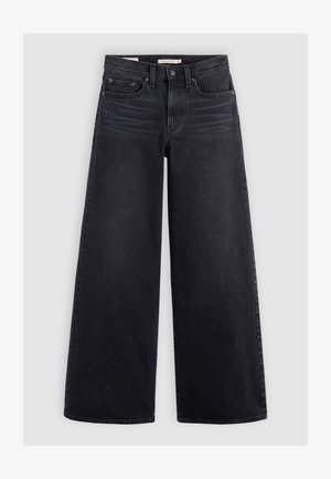 Wide-leg black jeans made from denim, featuring a high waist, five-pocket design, and subtle fading along the front.